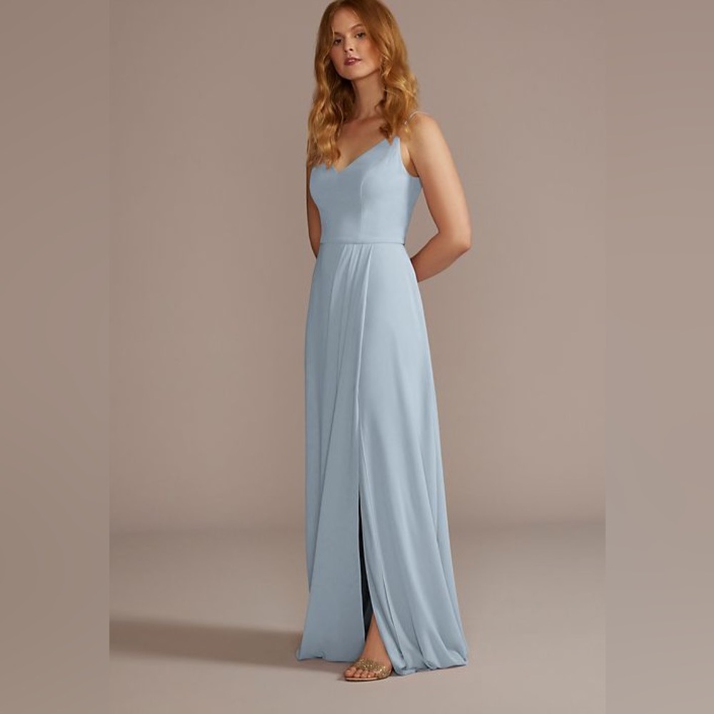 Chiffon dusty blue bridesmaid dress w/pockets
